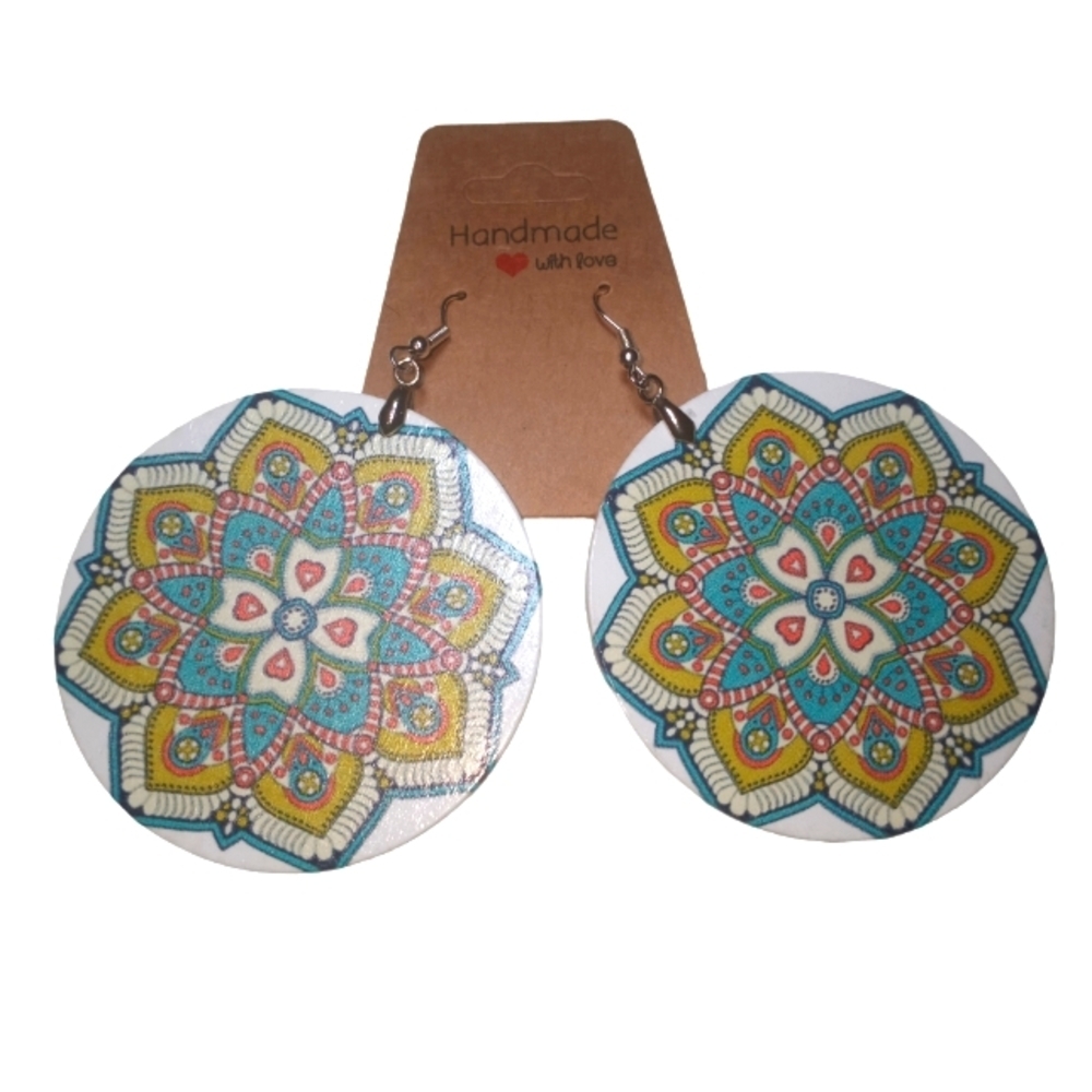 Big bold round milti-colored kaleidoscope print wooden drop dangle hook earrings